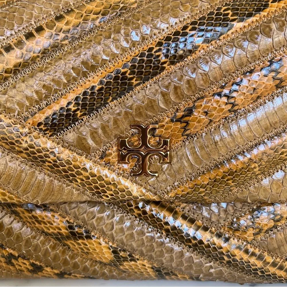 Tory Burch Kira Chevron Exotic Snakeskin Leather Convertible Shoulder Bag Tan